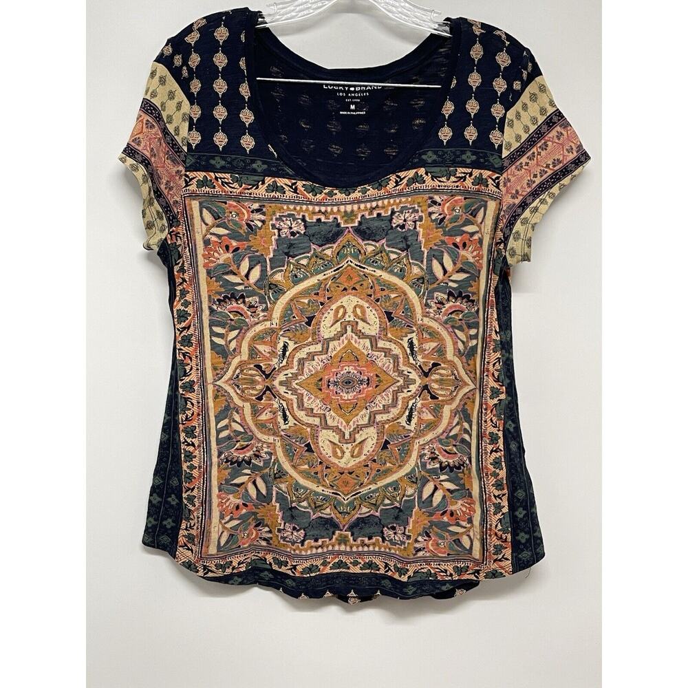 LUCKY BRAND Women Floral Mandala Print Scoop Neck Short Sleeve T-Shirt Top SZ M